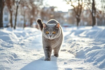 Wall Mural - Beautiful grey cat walking in the snow