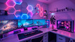 © Domingo - Vibrant gaming setup with neon-lit hexagonal wall panels. Multiple monitors display futuristic cityscapes and space scenes. RGB lighting creates an immersive cyberpunk atmosphere for high-tech enterta