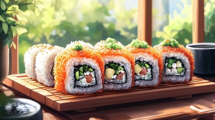 A plate of six California rolls with tobiko, avocado, cucumber, and crab meat, sitting on a wooden table near a window with a green blurred background.