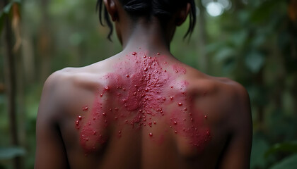 Close up of a black persons back covered in monkeypox rash.