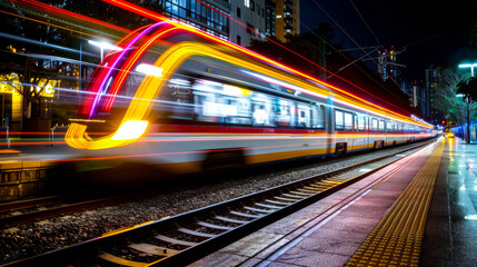 A train is moving down the tracks at night. The train is very bright and colorful, with a yellow stripe on the side.