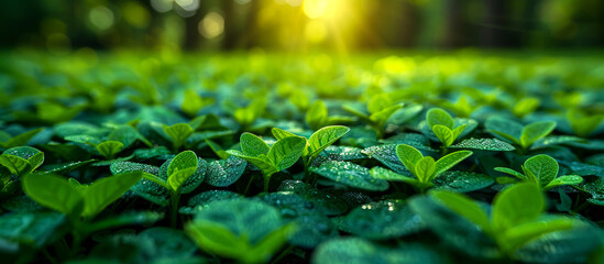 Wall Mural - A lush green field with many plants and a few drops of water on them. The field is full of green plants and the sun is shining brightly on them.