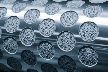 Aufkleber - A silver sheet of cookie dough with a pattern of circles on it. The circles are evenly spaced and the dough is shiny