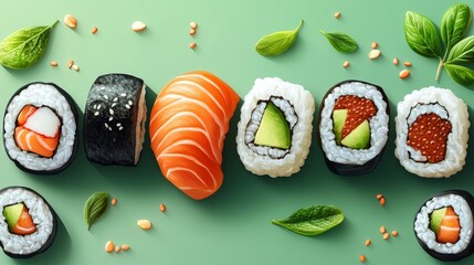 A variety of sushi rolls, including salmon, avocado, and crab, arranged in a line on a green background with sesame seeds and basil leaves.