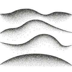 Poster - Abstract dot stipple waves. Black halftone dots particles wave pattern. Sand grain vector texture with speckles and granules isolated on transparent background. 