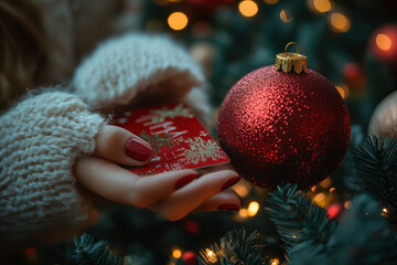 Woman holding a red Christmas ornament while smiling warmly, surrounded by festive decorations and twinkling lights.