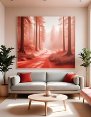 Modern design pale color waiting Room, nature landscape artwork on One of the walls