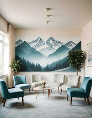 Modern design pale color waiting Room, nature landscape artwork on One of the walls