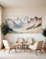 Modern design pale color waiting Room, nature landscape artwork on One of the walls