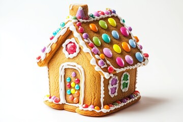 Christmas gingerbread house cookie on white background