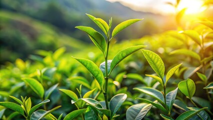 Wall Mural - Close-up view of fresh tea leaves on a bush during golden hour in a lush landscape. Generative AI