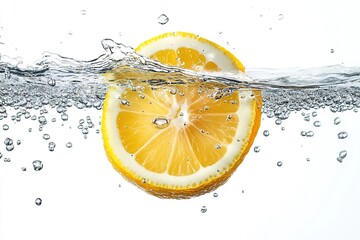 Lemon pieces falling into water on white background