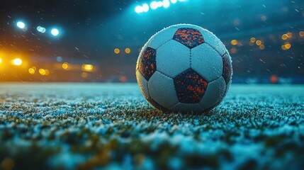 A soccer ball sits in the middle of a snowy field, illuminated by the stadium lights.