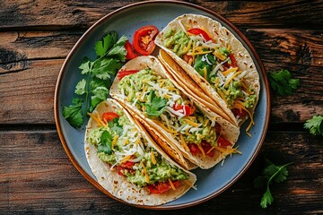 Vegetarian tacos with guacamole, cheese and tomatoes on a plate