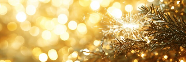 An abstract background featuring a glowing ring of sparklers in motion with a blurred festive lights backdrop in vibrant yellow and white