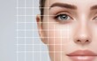 © Wimon - Before and after comparison of facial skin care, grid lines highlighting smoother skin, improved texture, and enhanced lifting effects