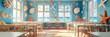 © Lila Patel - Coastal Academia: A breezy, beach-themed classroom adorned with seashells, starfish, and ocean-inspired art.