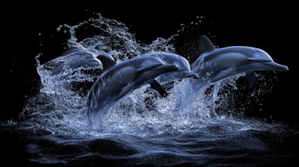 Three dolphins leaping out of the water, creating a spray of water droplets.