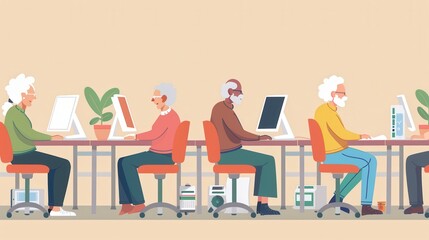 Poster - A group of elderly people participates in computer courses, focusing on digital skills at a community learning center. Generative AI