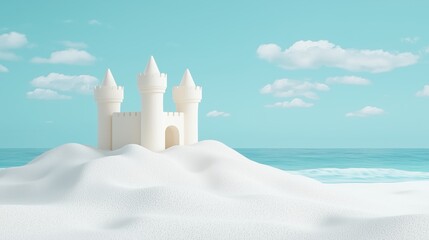 A peaceful beach scene featuring a white sandcastle sitting on soft sand with the ocean and sky in the background. Perfect for themes of summer, beach vacations, and relaxation.
