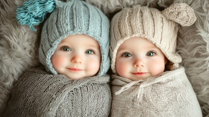 A heartwarming close-up of two babies, dressed in knitted winter hats and sweaters, their bright green eyes shining with curiosity as they smile softly.