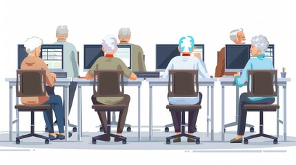 Poster - A group of elderly learners participate in computer courses, enhancing their digital skills while using laptops and desktop computers together. Generative AI