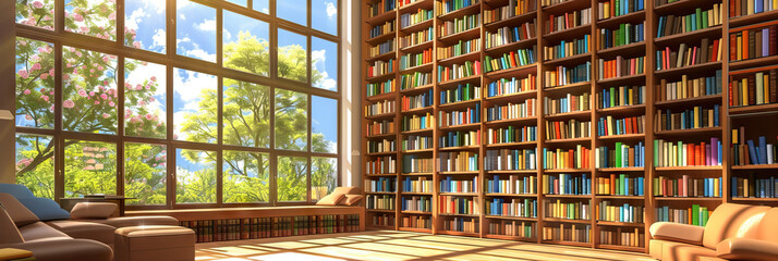 Quiet Quarters: A serene library background displays books neatly organized on shelves, inviting students to find inspiration and knowledge within its walls.