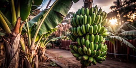 Fresh Organic Green Bananas on Banana Tree in Kerala Home Farm - Vintage Style Agriculture Photography