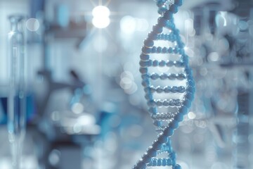 Poster - A clear DNA strand stands out against a blurred laboratory backdrop, highlighting ongoing research and scientific inquiry into genetics. Generative AI