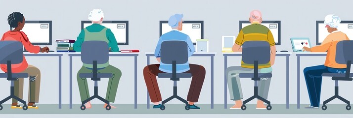 Poster - A group of elderly individuals is focused on their computer courses, developing essential skills on laptops and desktops. Generative AI