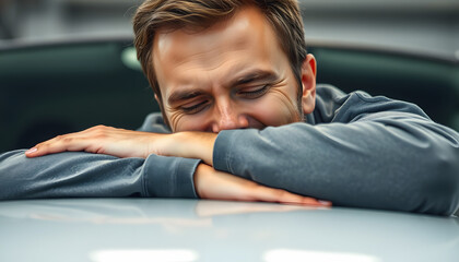 Close up of adult content caucasian man being completely satisfied with his new car, hugging it with eyes closed and leaning on car bonnet isolated with white highlights, png