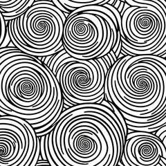 In a doodle style, this seamless pattern is black and white and features spirals and ringlets.