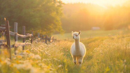 White alpaca standing in golden meadow at sunset with wooden fence, farm animal portrait for nature and agriculture concept