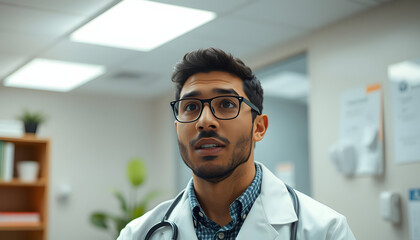 Young hispanic man psychologist speaking at psychology clinic isolated with white highlights, png