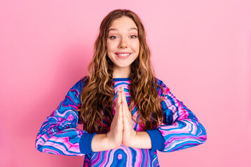 Poster - Photo of pretty young woman arms plead wear pullover isolated on pink color background