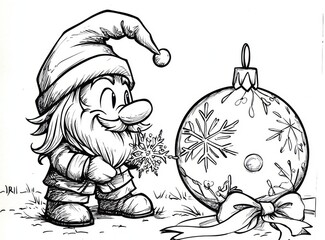 Gnome christmas ball line art for coloring books. Hand drawn black and white illustration with cute character, fir branch, and toy.