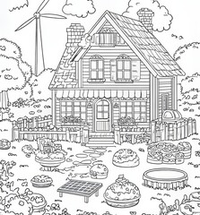 Illustration of earth day landscape with wind turbines and solar panels. Black and white modern black and white scene with eco house, windmills, and solar panels. Environmentally friendly home with