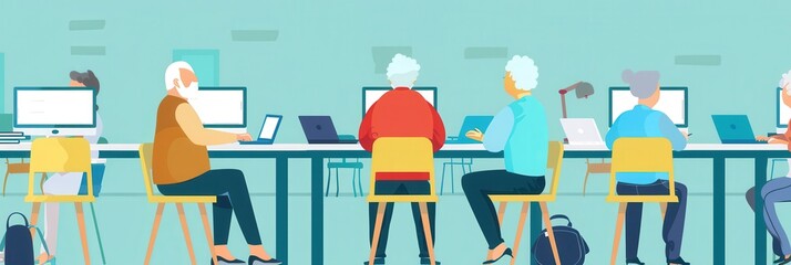 Aufkleber - A diverse group of elderly individuals focuses on computer tasks, learning valuable skills in a supportive community setting. Generative AI