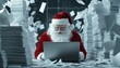 © JP STUDIO LAB - Santa typing furiously on a laptop with stacks of digital orders surrounding him, muttering under his breath about modern technology