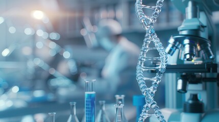 A DNA strand is prominently displayed with blurred scientists and lab equipment in a bustling research environment. Generative AI