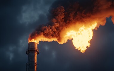 Smoke and fire blazing from a towering refinery flare stack, symbolizing industrial intensity and energy production