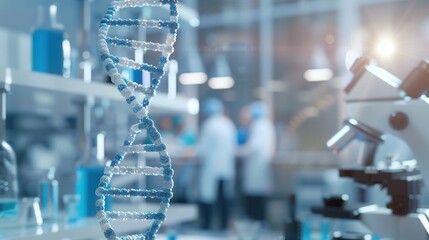 Poster - A clear DNA strand is showcased in a laboratory scene where scientists are actively conducting research and experiments. Generative AI
