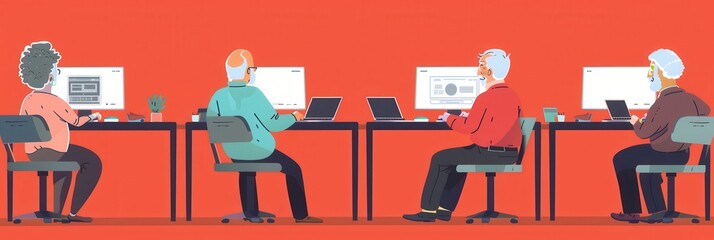 Aufkleber - A group of elderly participants engages in a computer class, exploring technology and improving their computer skills using laptops. Generative AI