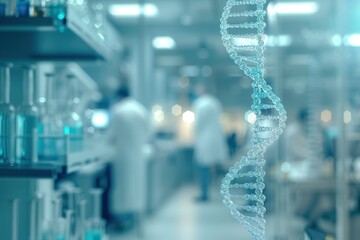 Fototapete - A precise representation of a DNA strand hangs in a lab as scientists engage in research and experimentation nearby. Generative AI