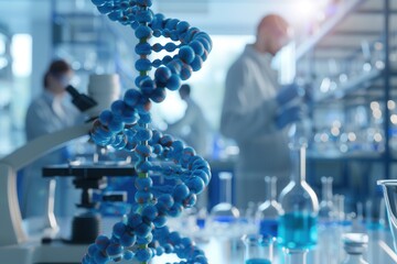 Poster - The intricate structure of a DNA strand contrasts against blurred researchers in a bustling laboratory, showcasing advanced scientific exploration. Generative AI