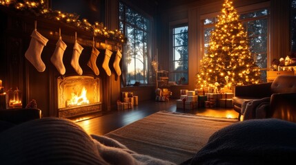 Wall Mural - A cozy living room with a Christmas tree, stockings hung by the fireplace, and gifts waiting to be opened