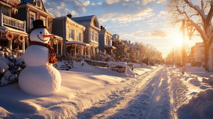 Wall Mural - A snow-covered neighborhood with decorated houses and a large snowman standing proudly in the front yard