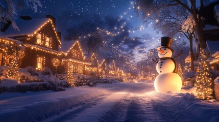Wall Mural - A snow-covered neighborhood with decorated houses and a large snowman standing proudly in the front yard