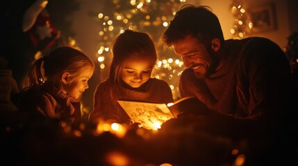 Wall Mural - Parents reading a Christmas story to their children by the fire, with stockings and decorations filling the room 