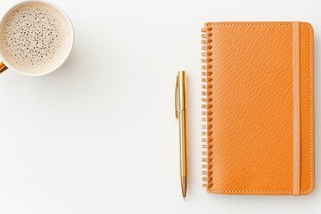 A leather-bound notebook with a gold pen and a cup of coffee on a clean white desk